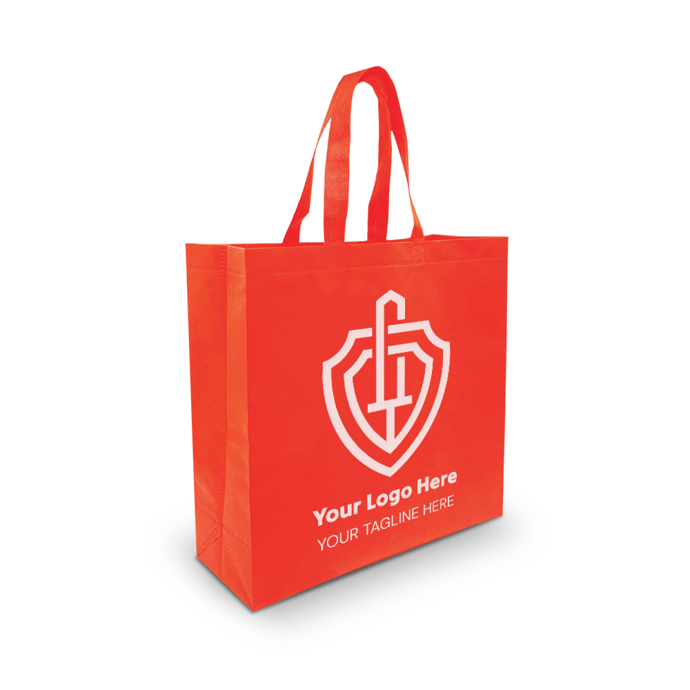 Red reusable tote bag with a white shield-style custom logo and space for a tagline on the front.