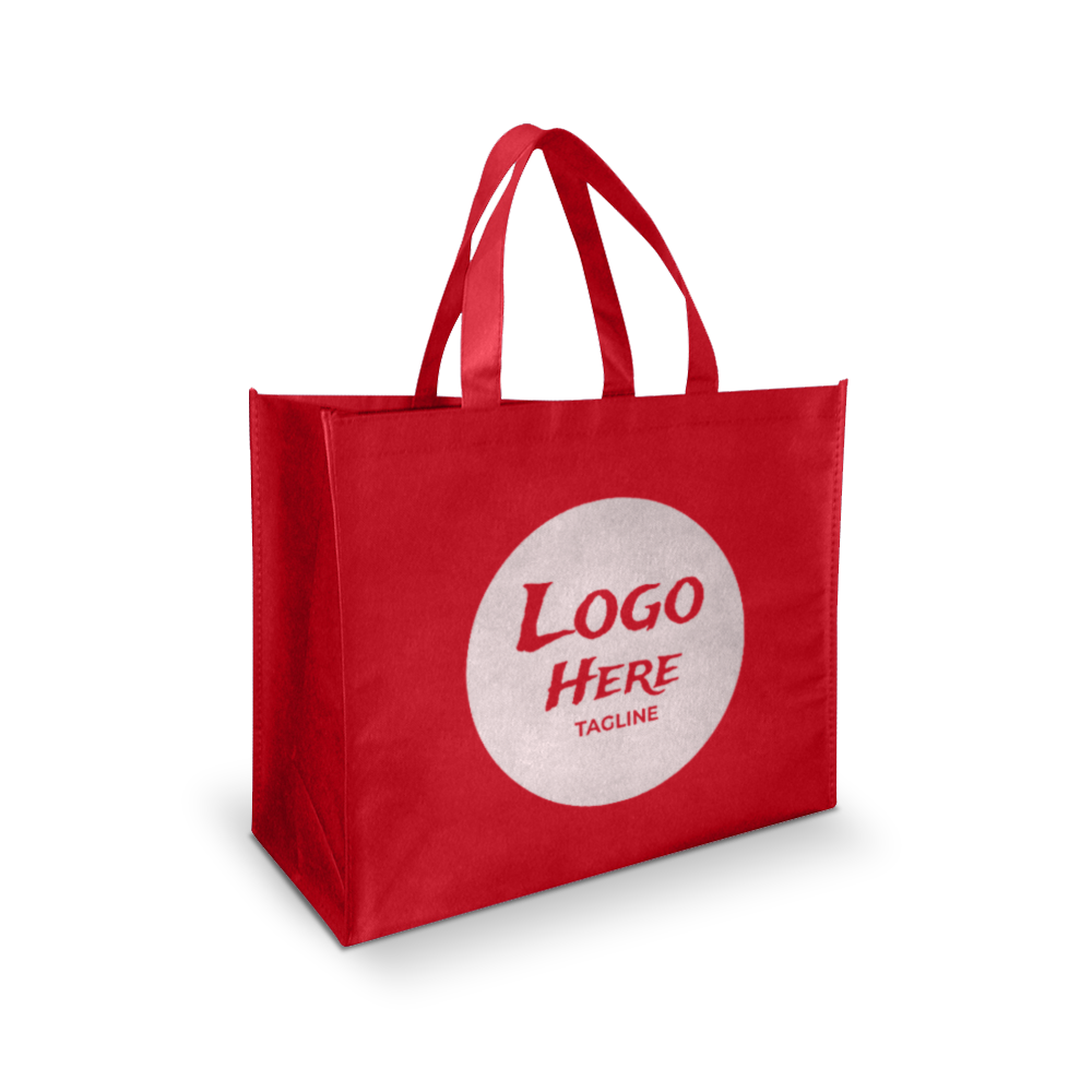 Red reusable tote bag with dual handles, featuring a large circular area on the front for a custom logo and tagline