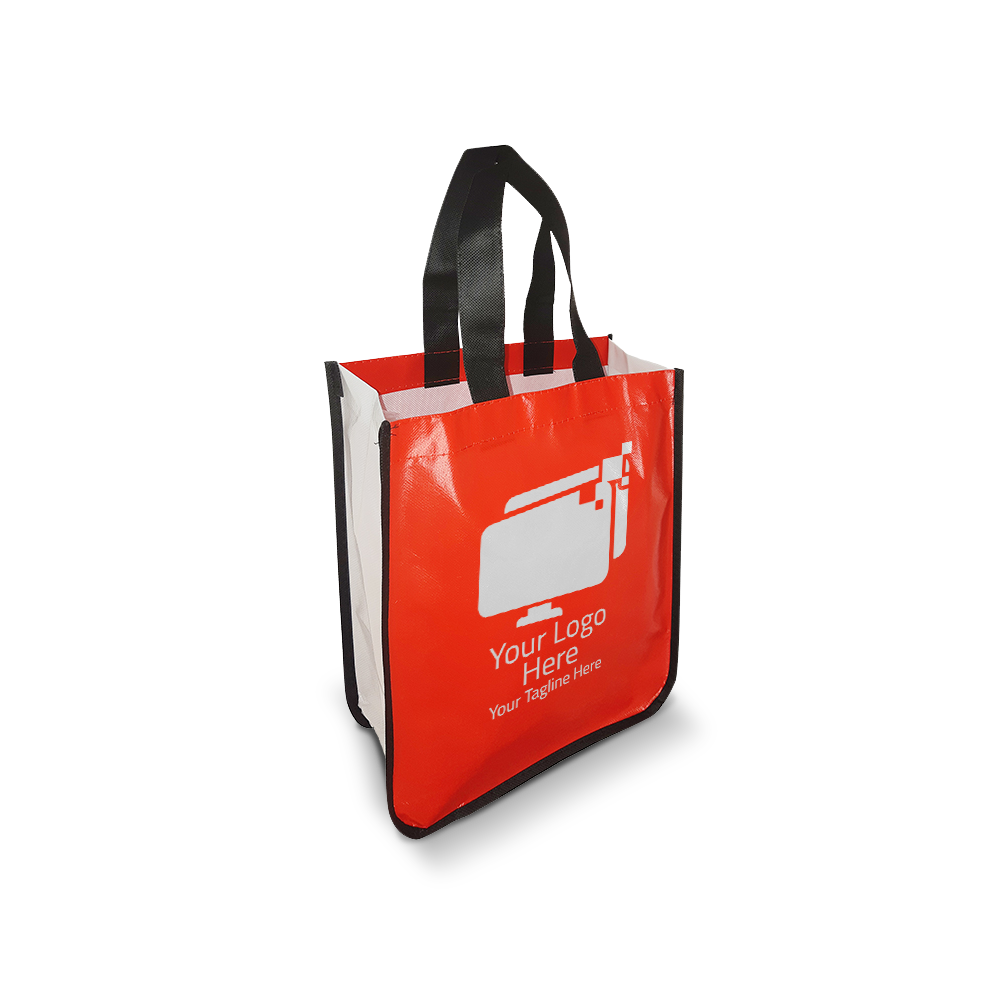 Red small laminated non-woven bag with curved bottom, white sides, and black handles, ideal for custom branding