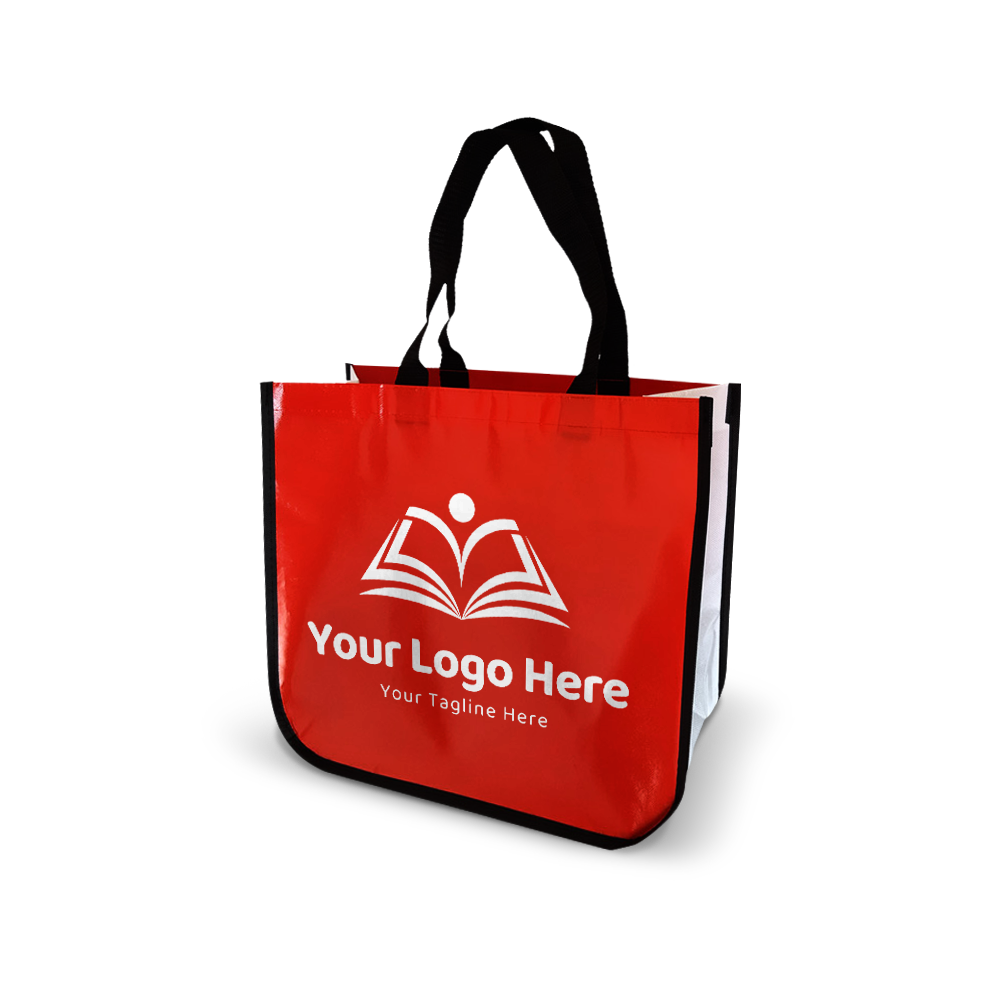 Glossy red promotional tote bag with white side panels, black handles, and a bold custom logo