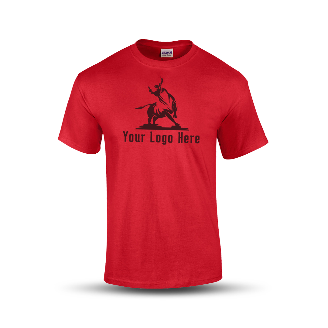 Red short-sleeve t-shirt with a bold martial arts figure logo and customizable "Your Logo Here" text on the front.