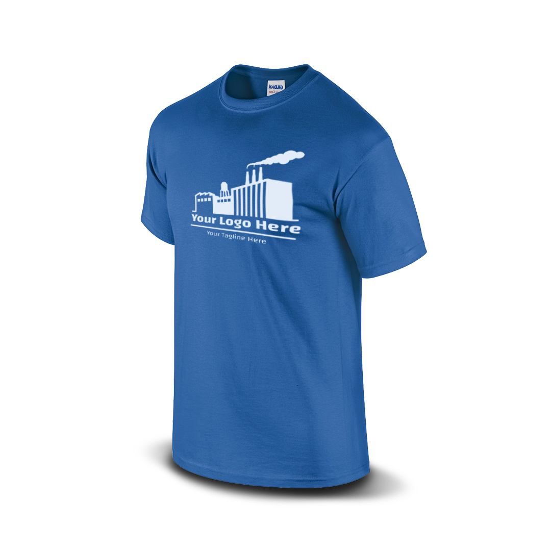 Royal blue short-sleeve t-shirt with a white industrial factory logo and customizable tagline.