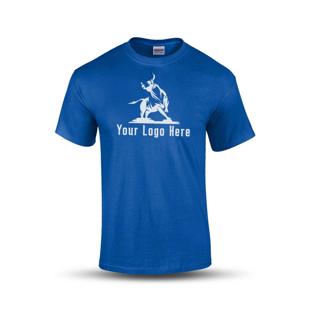 Royal blue short-sleeve t-shirt with a bold martial arts figure logo and customizable "Your Logo Here" text on the front.