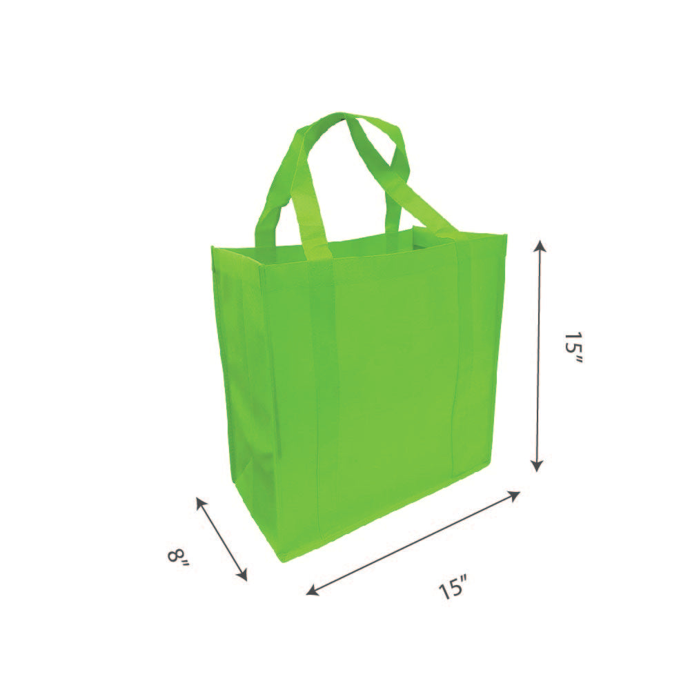 Lime green reusable non-woven tote bag with dimensions labeled — 15 inches wide, 15 inches tall, and 8 inches deep.