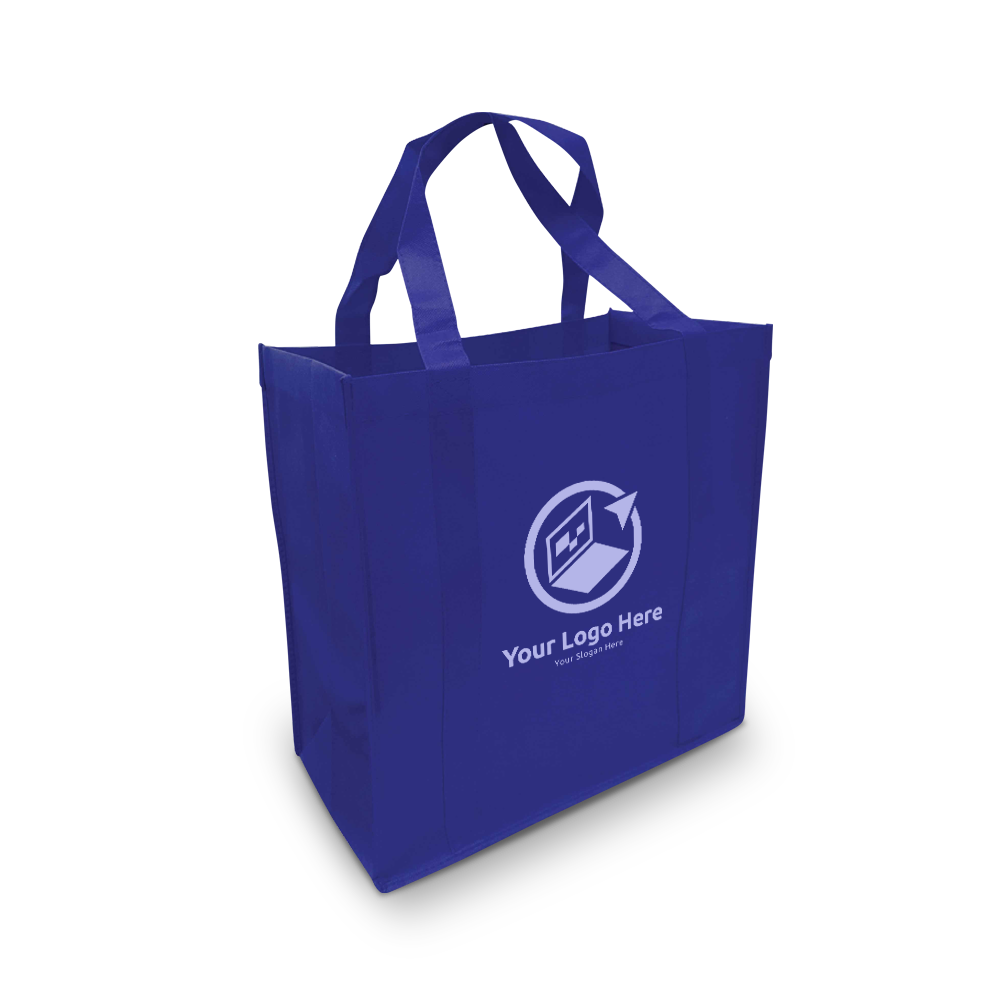 Blue reusable non-woven tote bag with customized white logo and slogan on the front.