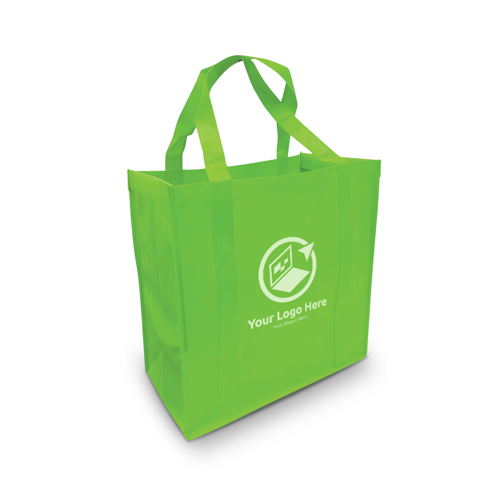 Lime green reusable non-woven tote bag with customized white logo and slogan on the front.