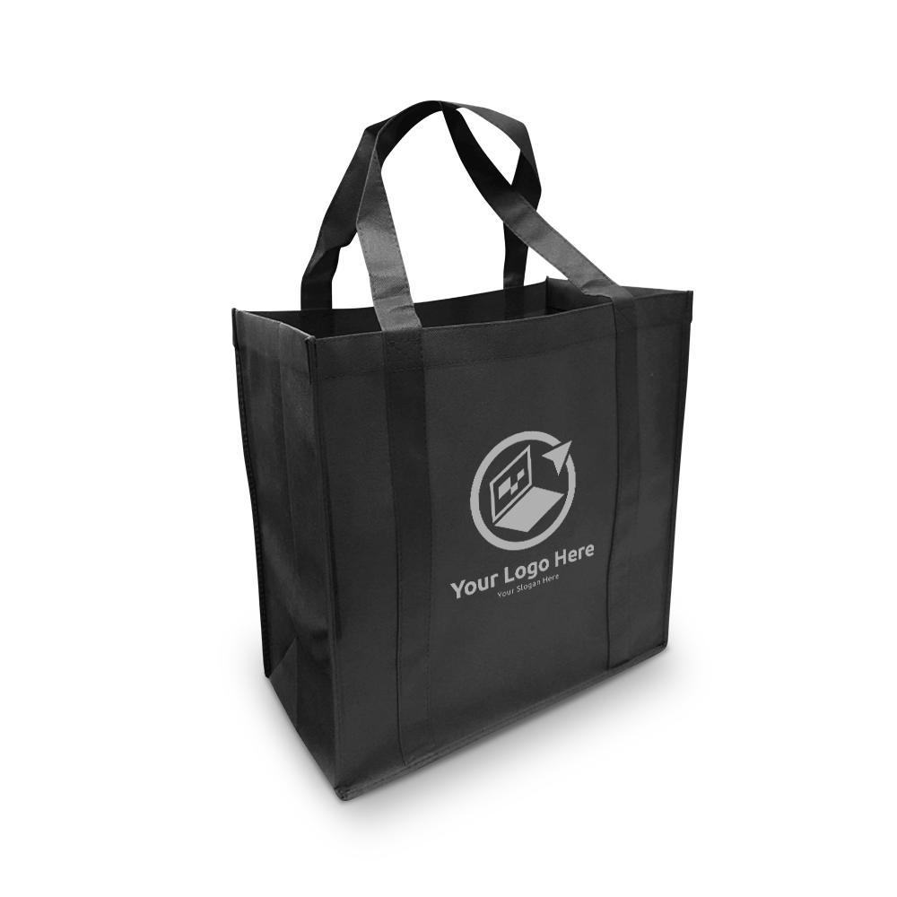 Black reusable non-woven tote bag with customized white logo and slogan on the front.