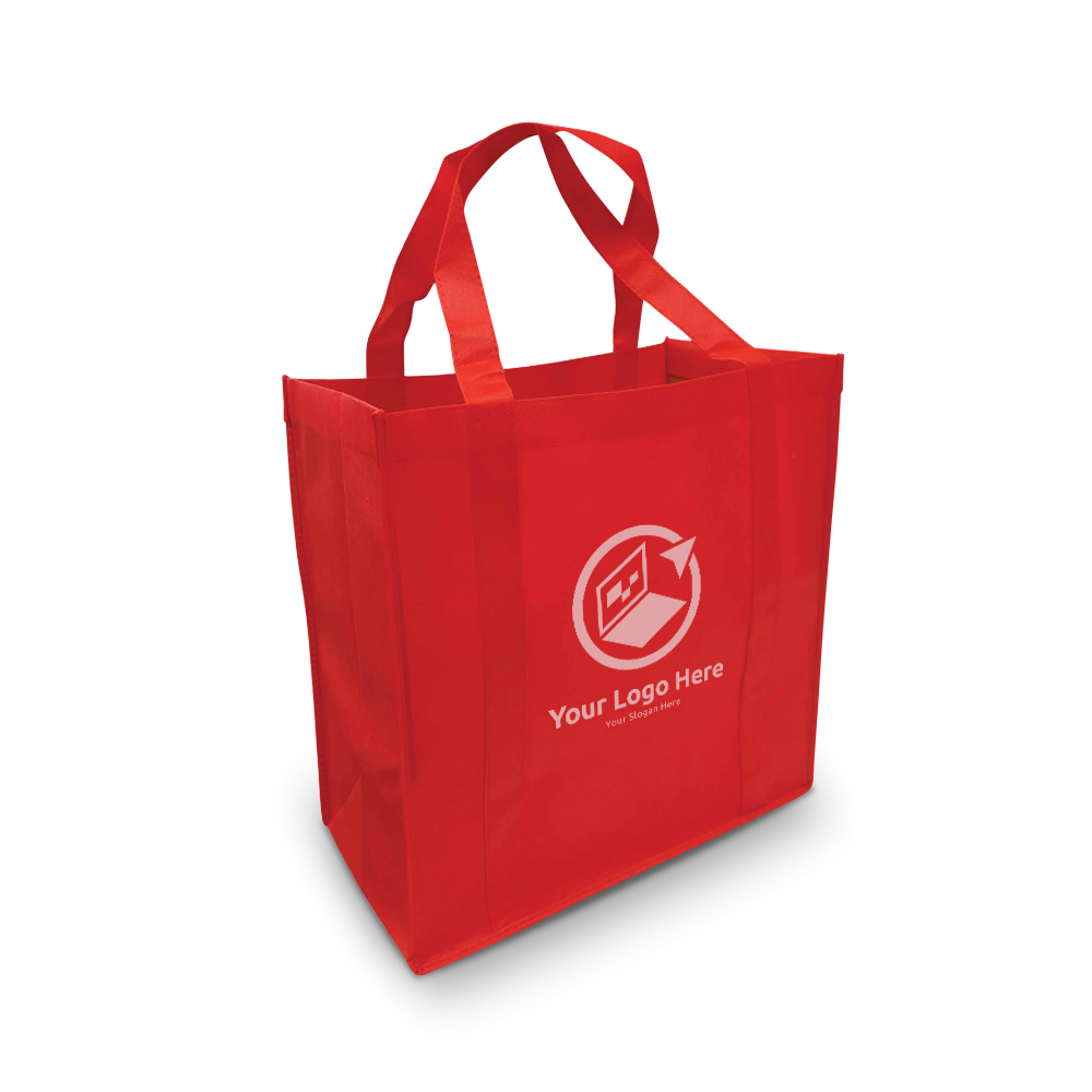 Red reusable non-woven tote bag with customized white logo and slogan on the front.