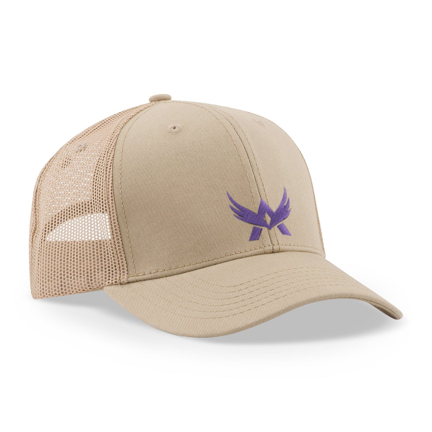 Front view of sand mesh cap with logo on the crown