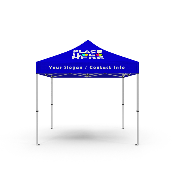 Blue 10ft x 10ft custom canopy tent with aluminum pop-up frame, featuring placeholder text "PLACE LOGO HERE" on the peak and "Your Slogan / Contact Info" on the valance.