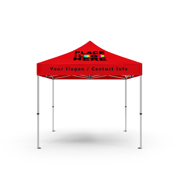 Red 10ft x 10ft custom canopy tent with aluminum pop-up frame, featuring the placeholder text "PLACE LOGO HERE" on the canopy peak and "Your Slogan / Contact Info" on the front valance.