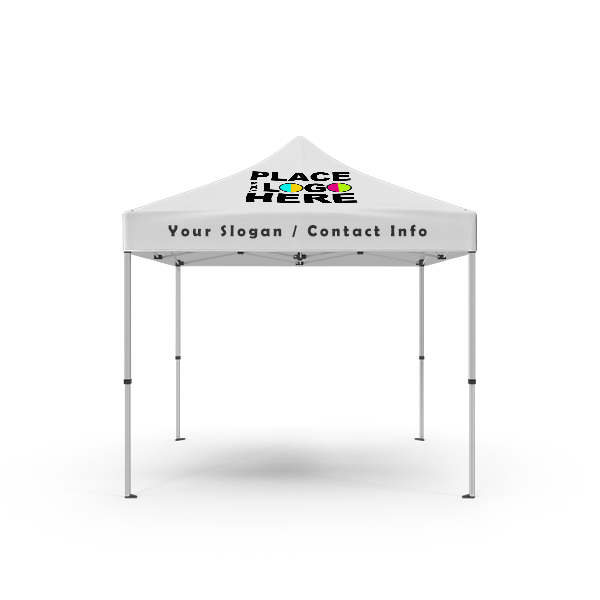 White 10ft x 10ft customizable canopy tent with a pop-up aluminum frame, featuring placeholder text "PLACE LOGO HERE" on the peak and "Your Slogan / Contact Info" on the front valance.