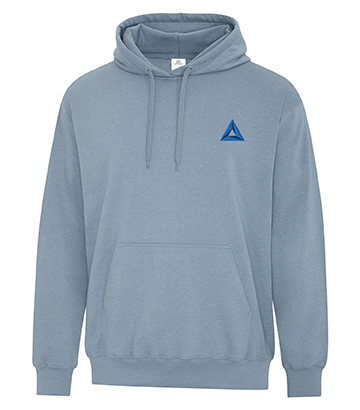 ATC Earth Wash Tourbillon fleece hoodie in light blue, featuring a front kangaroo pocket, drawstring hood, and a blue triangle logo on the left chest