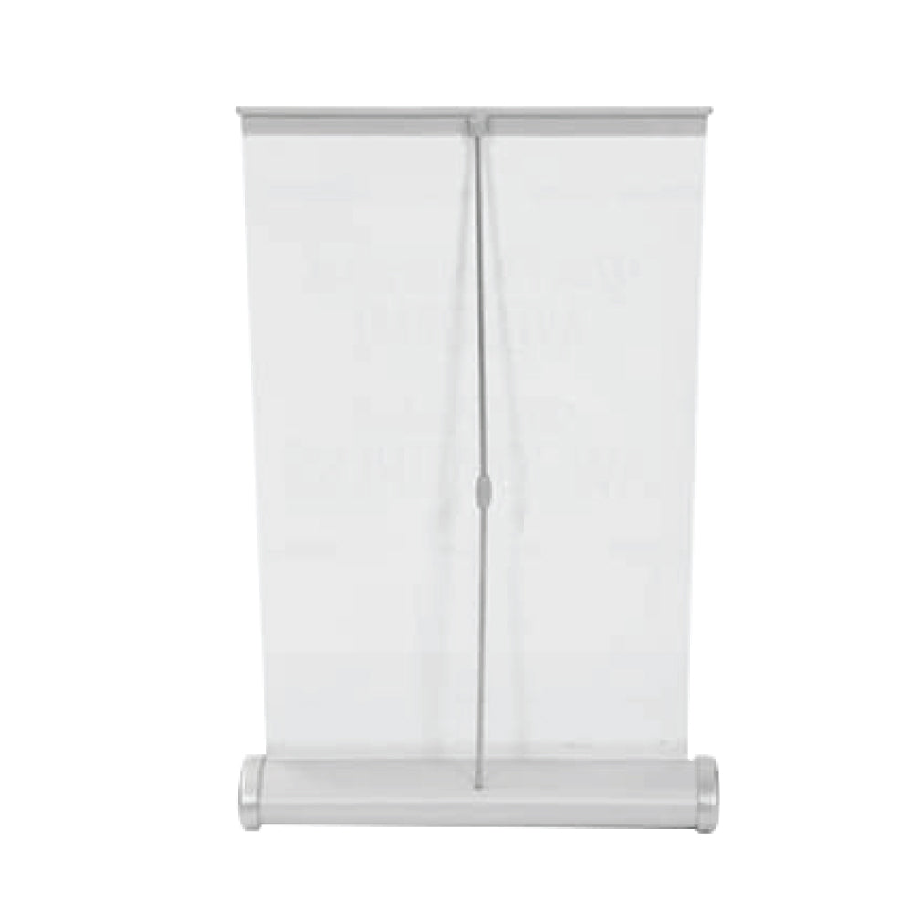 Back view of mini tabletop pull-up banner with support pole and silver base