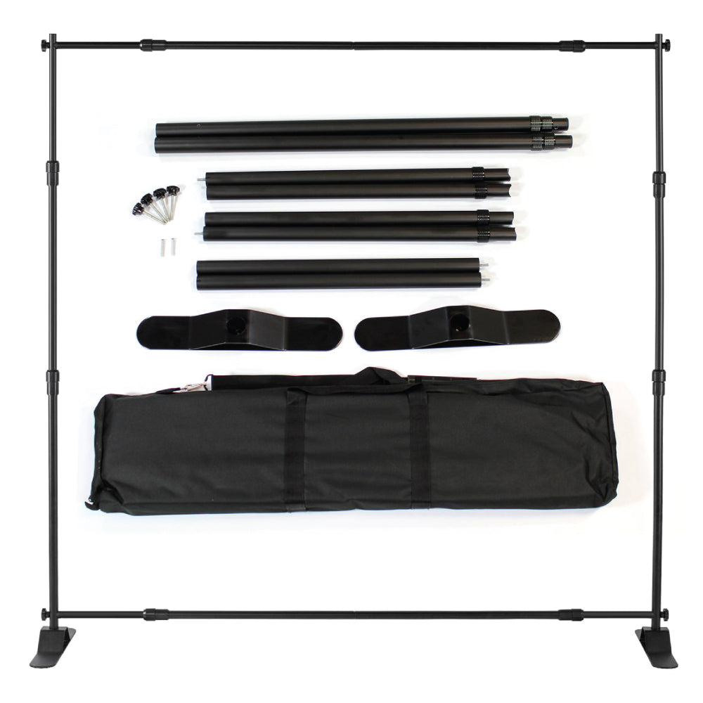 Telescopic backdrop stand kit with adjustable black poles, base feet, accessories, and carry bag