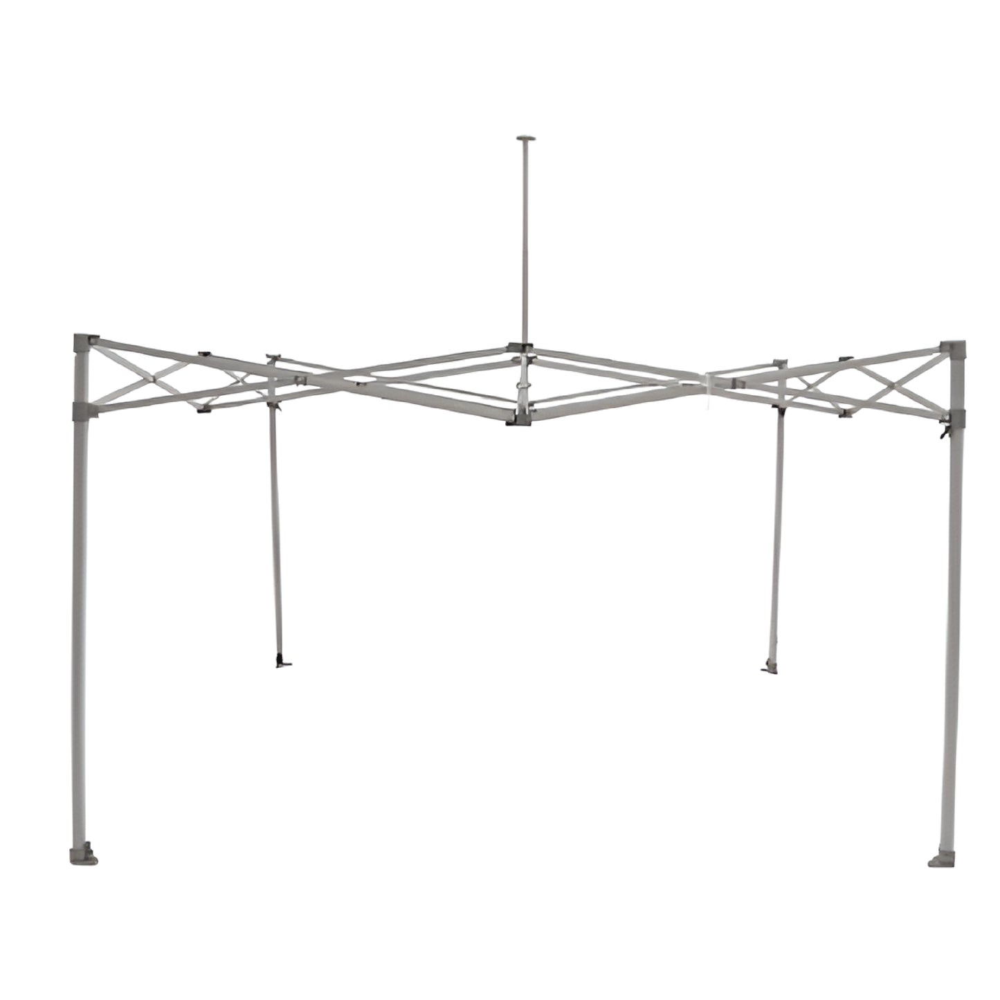 Fully extended aluminum frame for a 10ft x 10ft event canopy tent, showing the top central support pole and reinforced crossbars for roof stability.