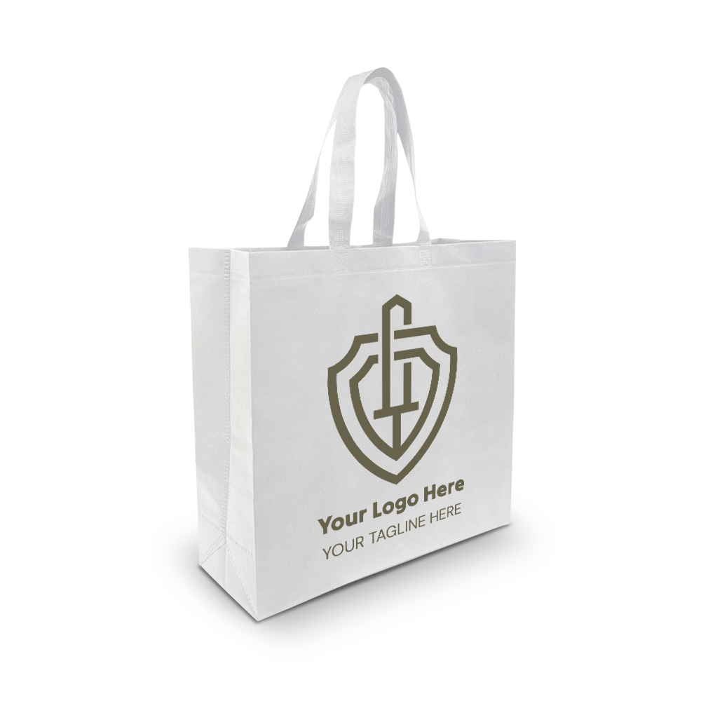 White reusable tote bag with a white shield-style custom logo and space for a tagline on the front.