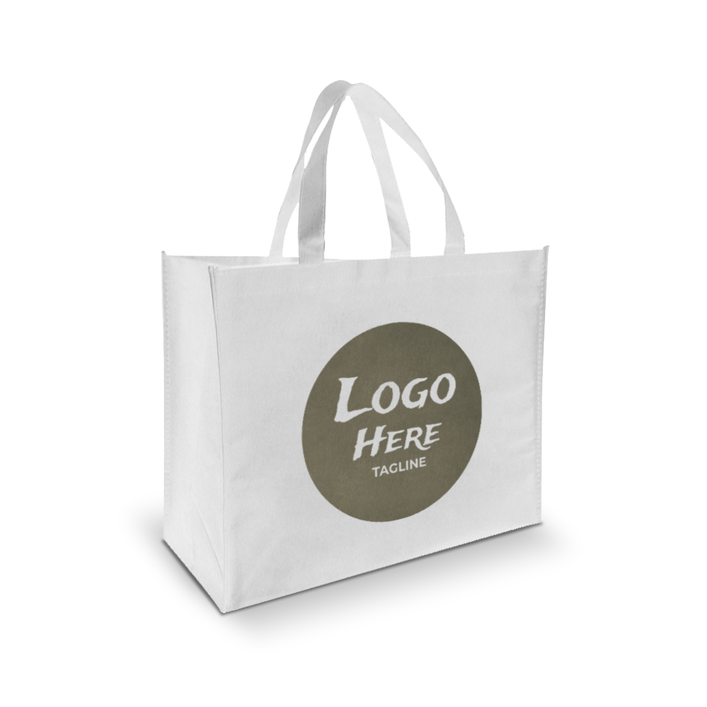 White reusable tote bag with dual handles, featuring a large circular area on the front for a custom logo and tagline