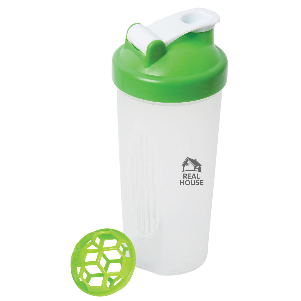 Frosted shaker bottle with green flip-top lid and 'Real House' logo, shown with matching green mixing insert