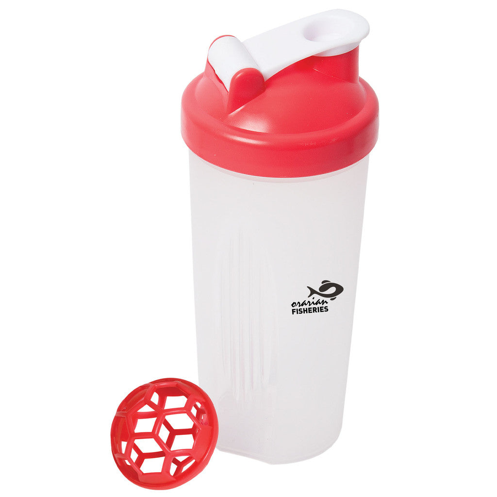 Frosted shaker bottle with red flip-top lid and 'Orrisan Fisheries' logo, shown with matching red mixing insert