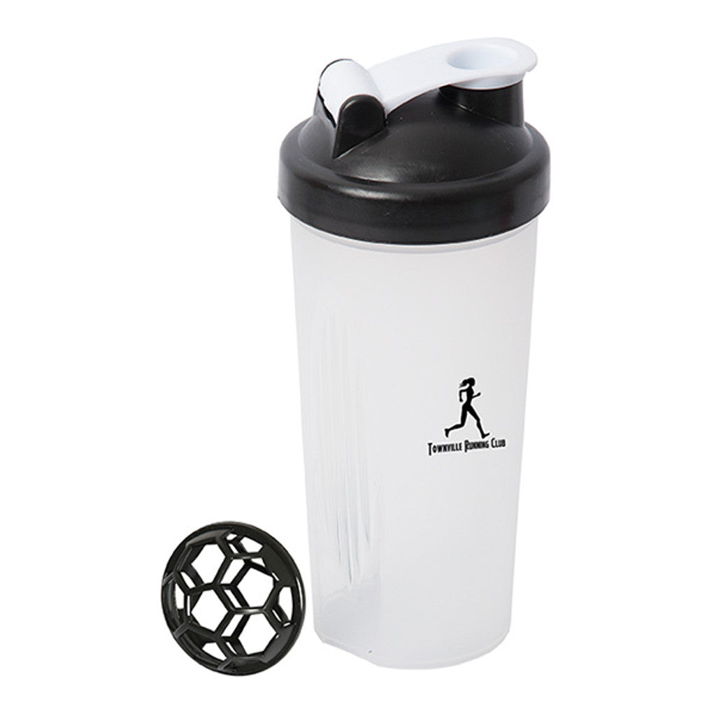 Frosted shaker bottle with black flip-top lid and 'Townville Running Club' logo, shown with removable mixing insert