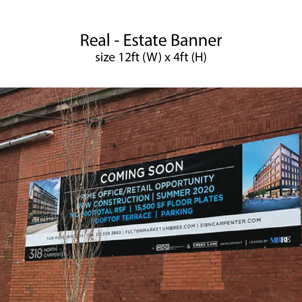 12x4 ft real estate banner on brick wall promoting upcoming retail/office space