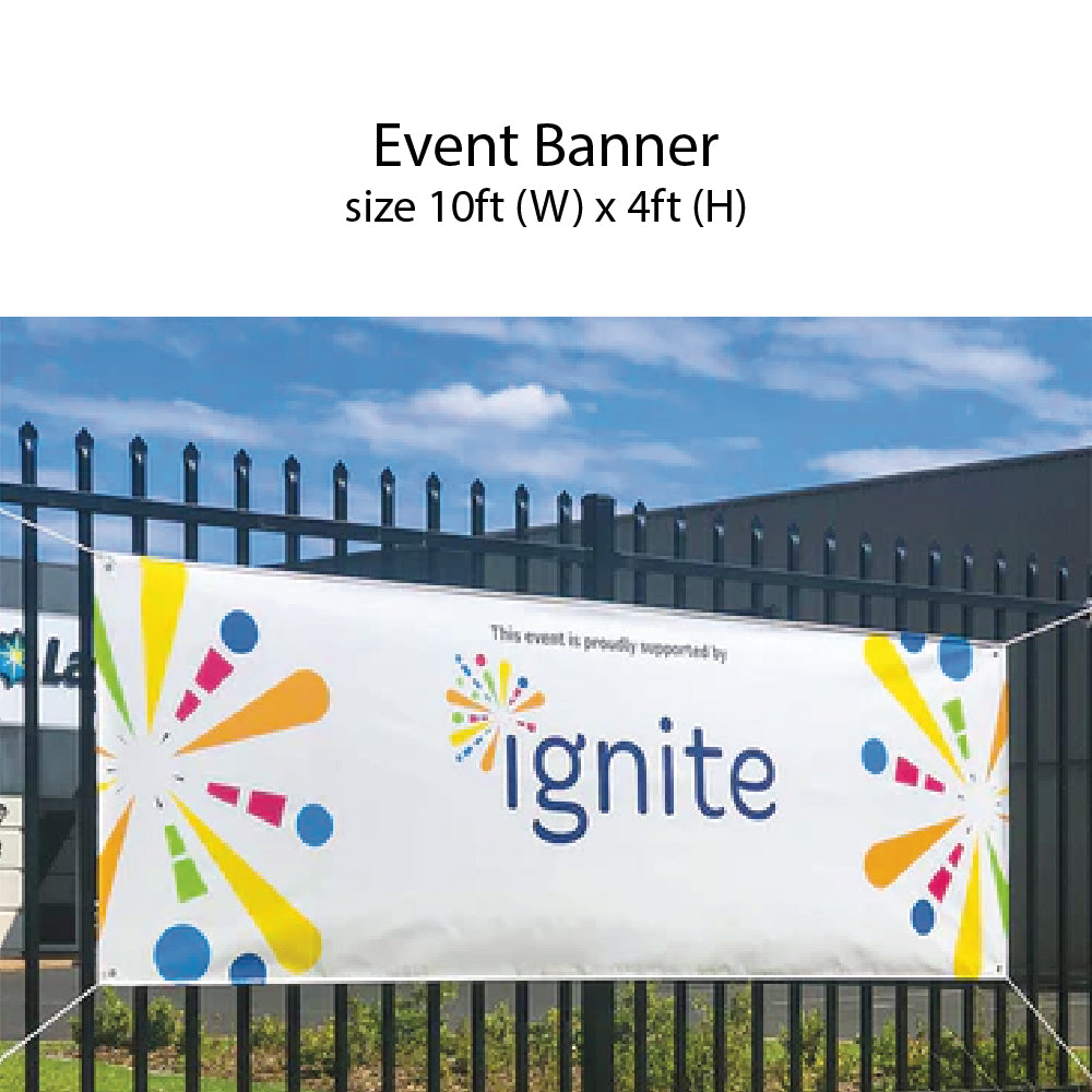 10x4 ft event banner with colorful "ignite" logo on fence