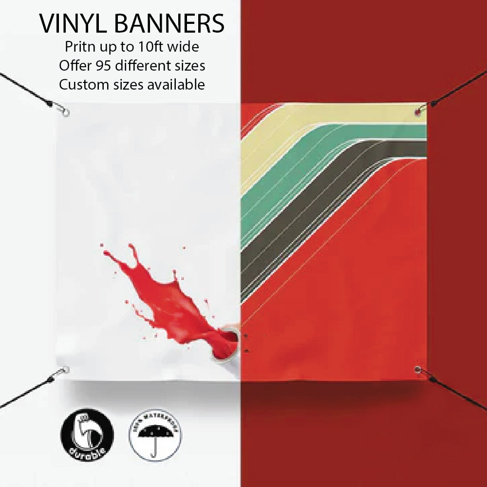 Vinyl banner sample with bold red splash and retro stripes, up to 10ft wide, waterproof and durable