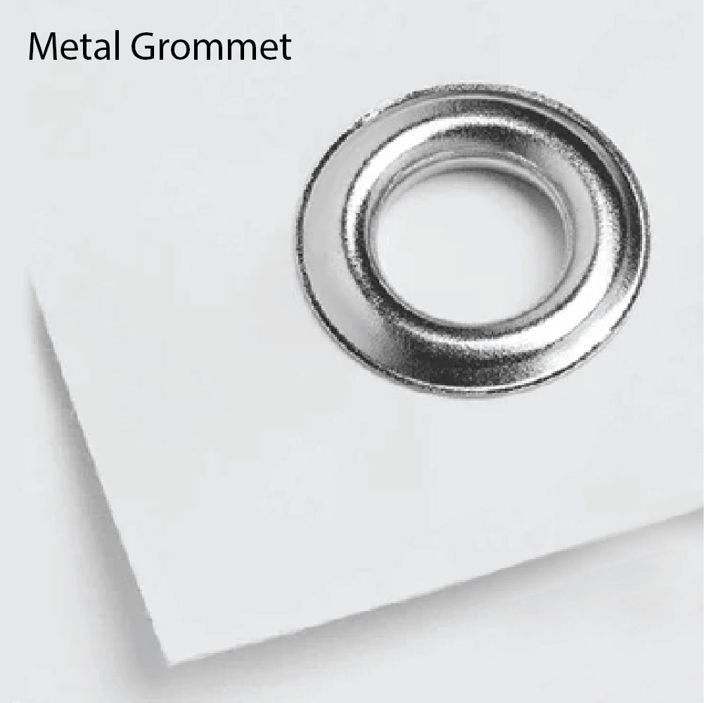Close-up of metal grommet on white banner corner for hanging support