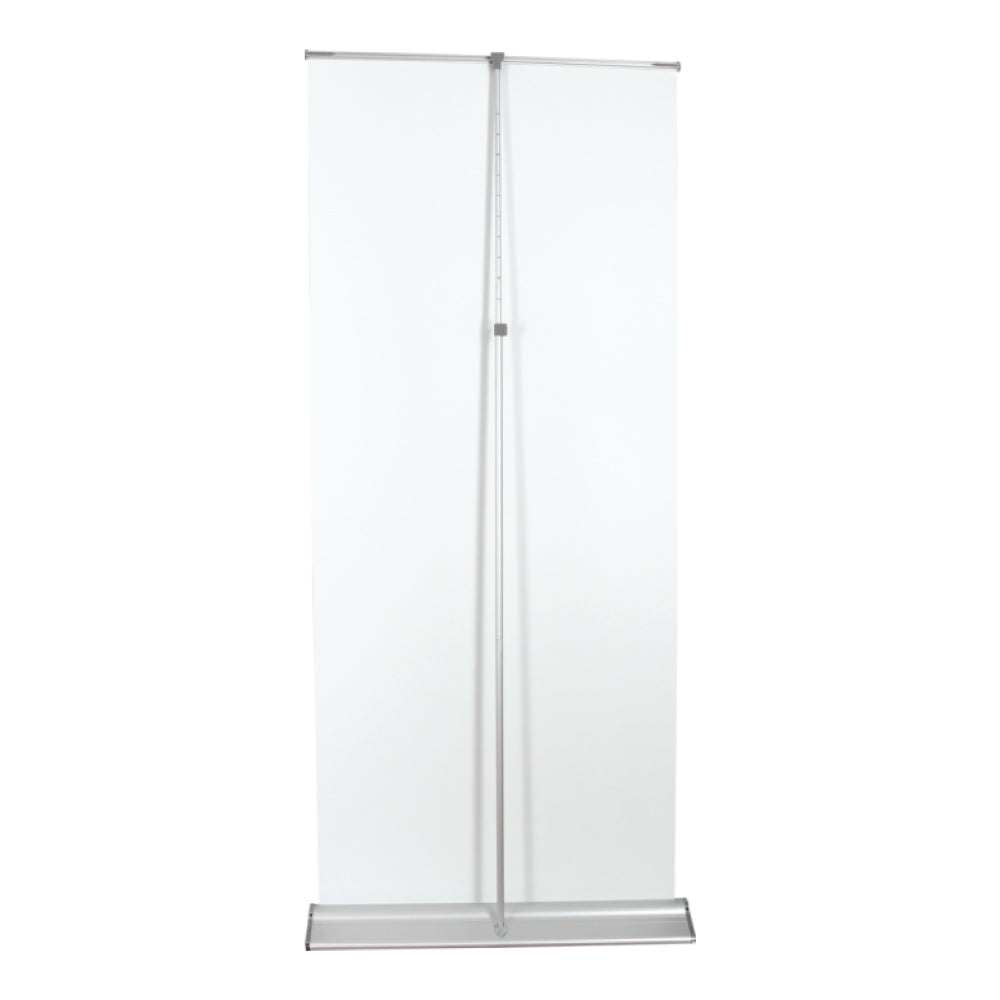 Back view of 33x80 inch luxury pull-up banner with adjustable support pole and wide waterdrop base