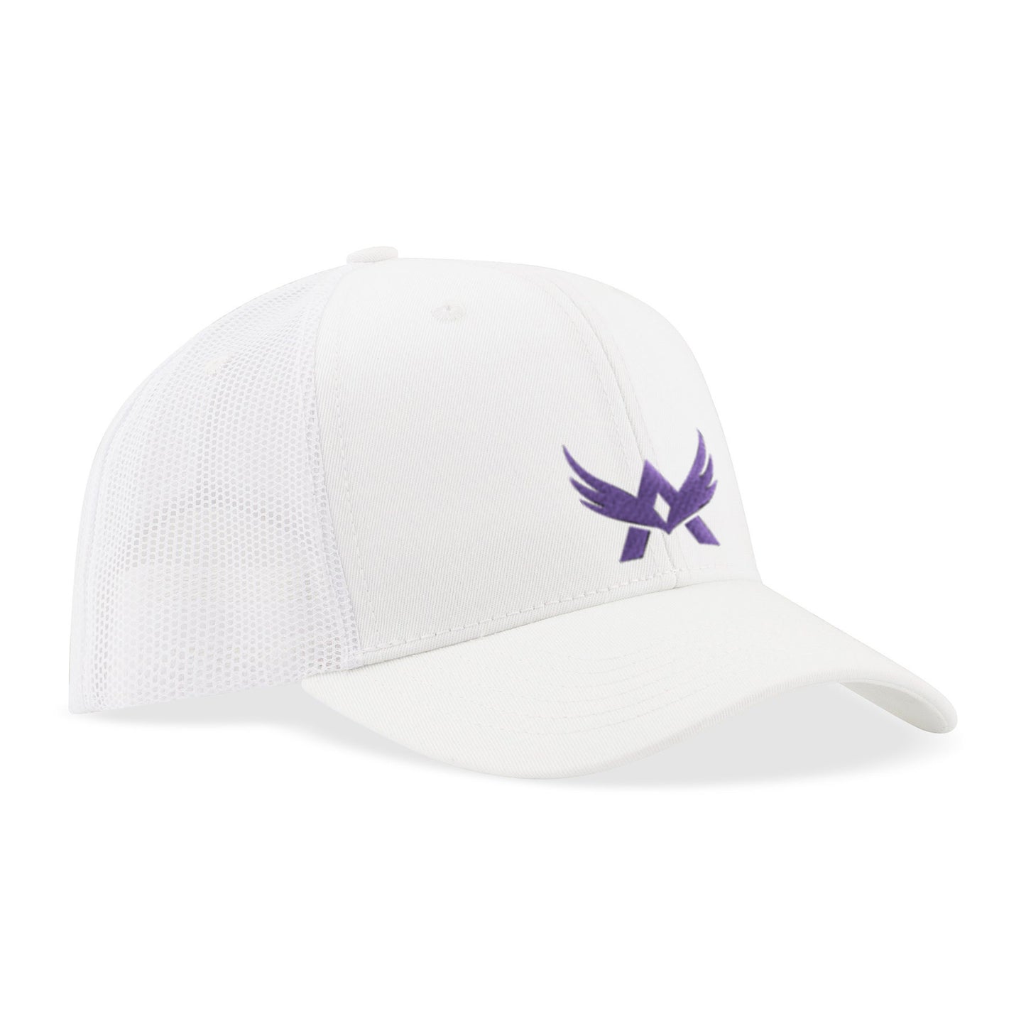 Front view of white mesh cap with logo on the crown