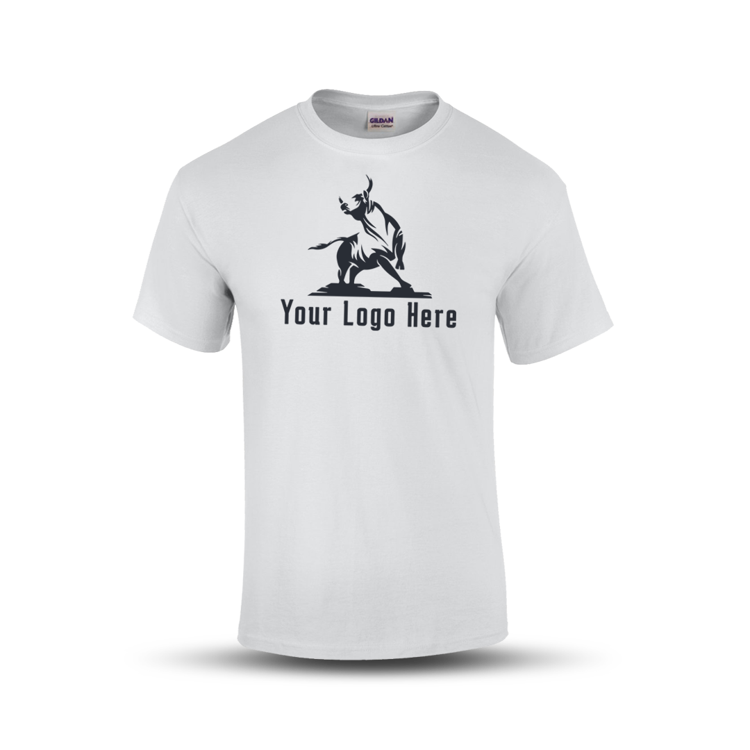 White short-sleeve t-shirt with a bold martial arts figure logo and customizable "Your Logo Here" text on the front.