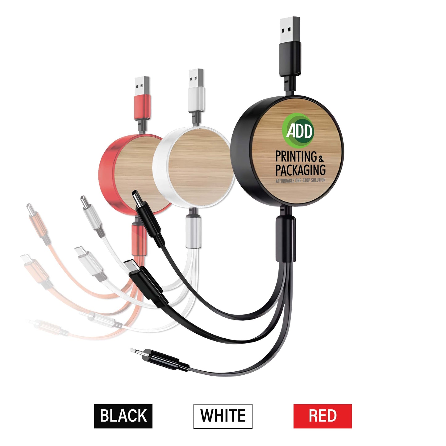 Retractable 3-in-1 charging cable with bamboo surface and USB-A input; features three output connectors (Lightning, Micro-USB, USB-C); available in black, white, and red with customizable logo on the bamboo front.