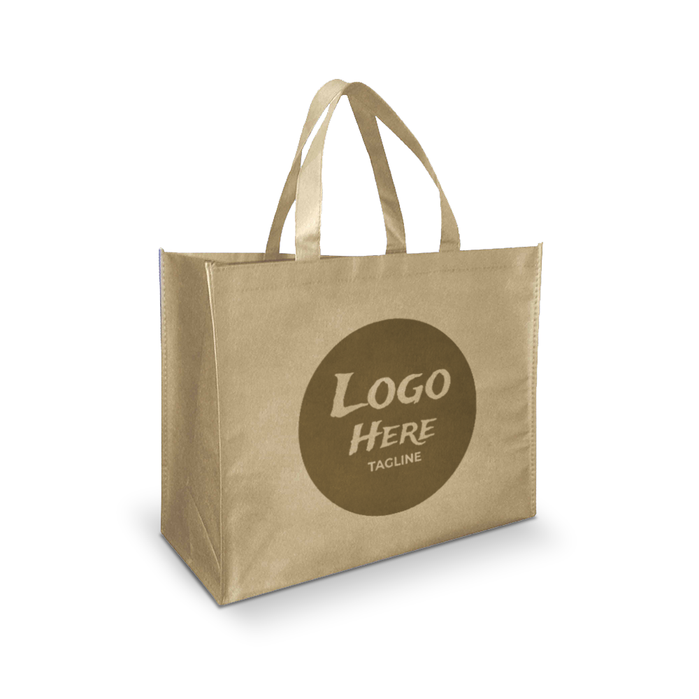 Beige reusable tote bag with dual handles, featuring a large circular area on the front for a custom logo and tagline