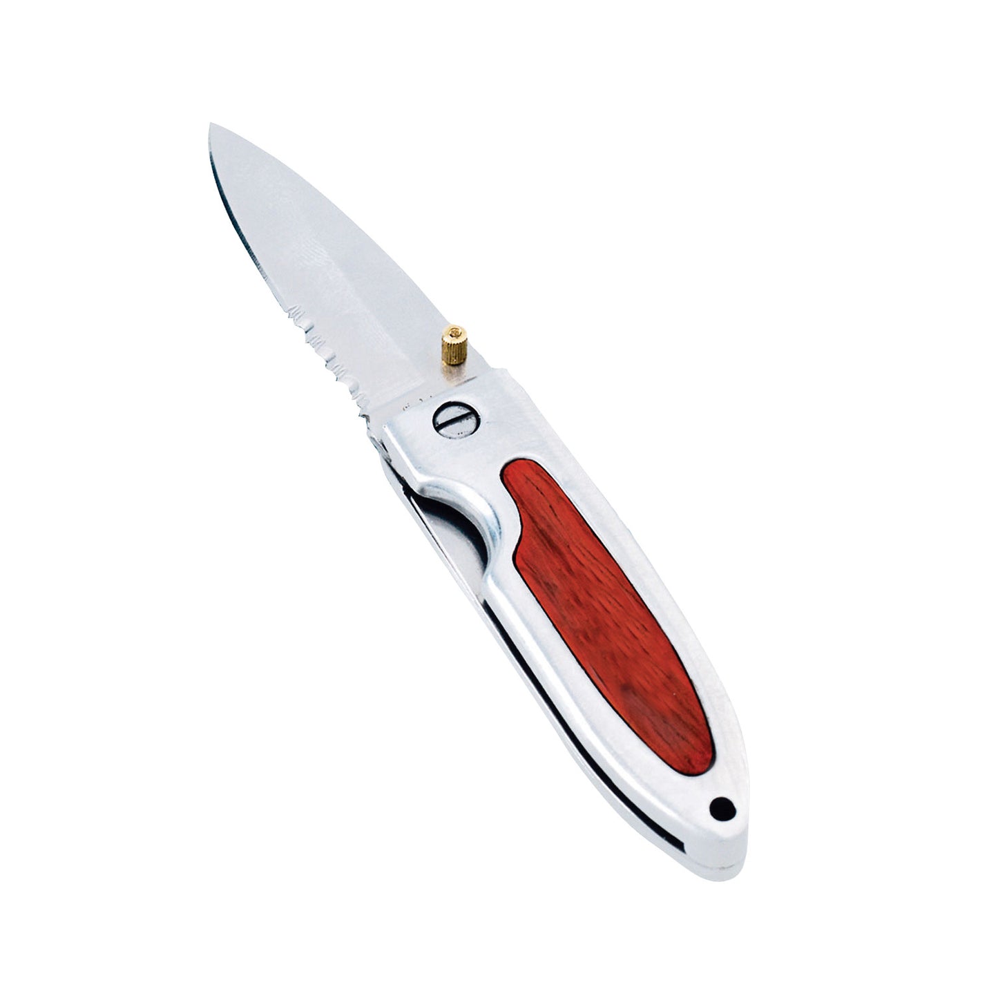 Rosewood Knife with stainless steel partially serrated blade, polished silver handle, and inlaid smooth rosewood panel—blank surface ready for custom engraving