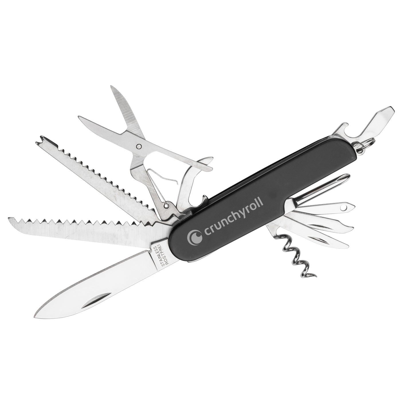 Heritage Pocket Knife with multiple stainless steel tools including blades, saw, scissors, corkscrew, and bottle opener, featuring a sleek black handle customized with the 'crunchyroll' logo