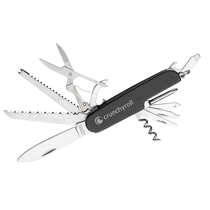 Heritage Pocket Knife with multiple stainless steel tools including blades, saw, scissors, corkscrew, and bottle opener, featuring a sleek black handle customized with the 'crunchyroll' logo