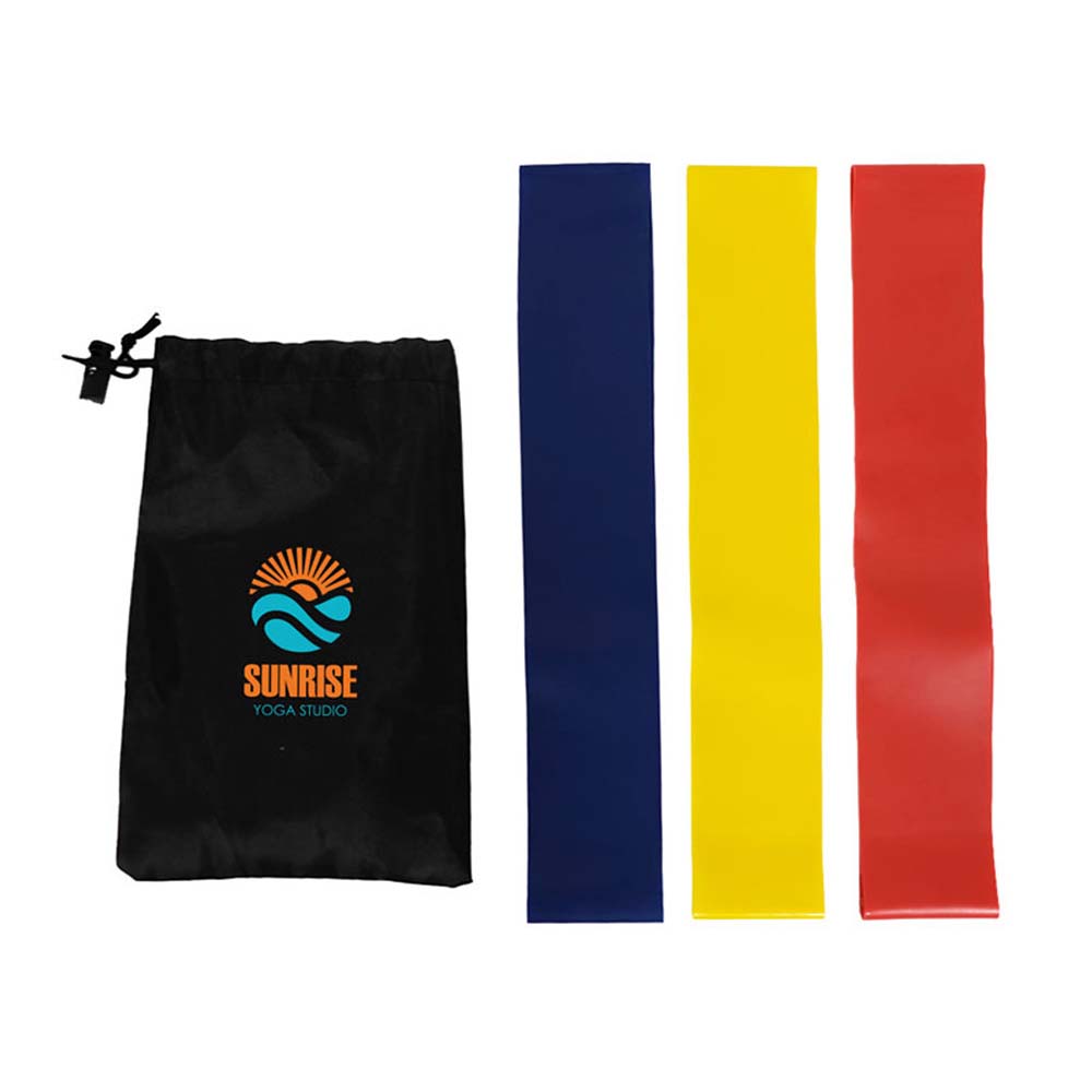 Set of three resistance bands in red, yellow, and blue with black Sunrise Yoga Studio carrying pouch