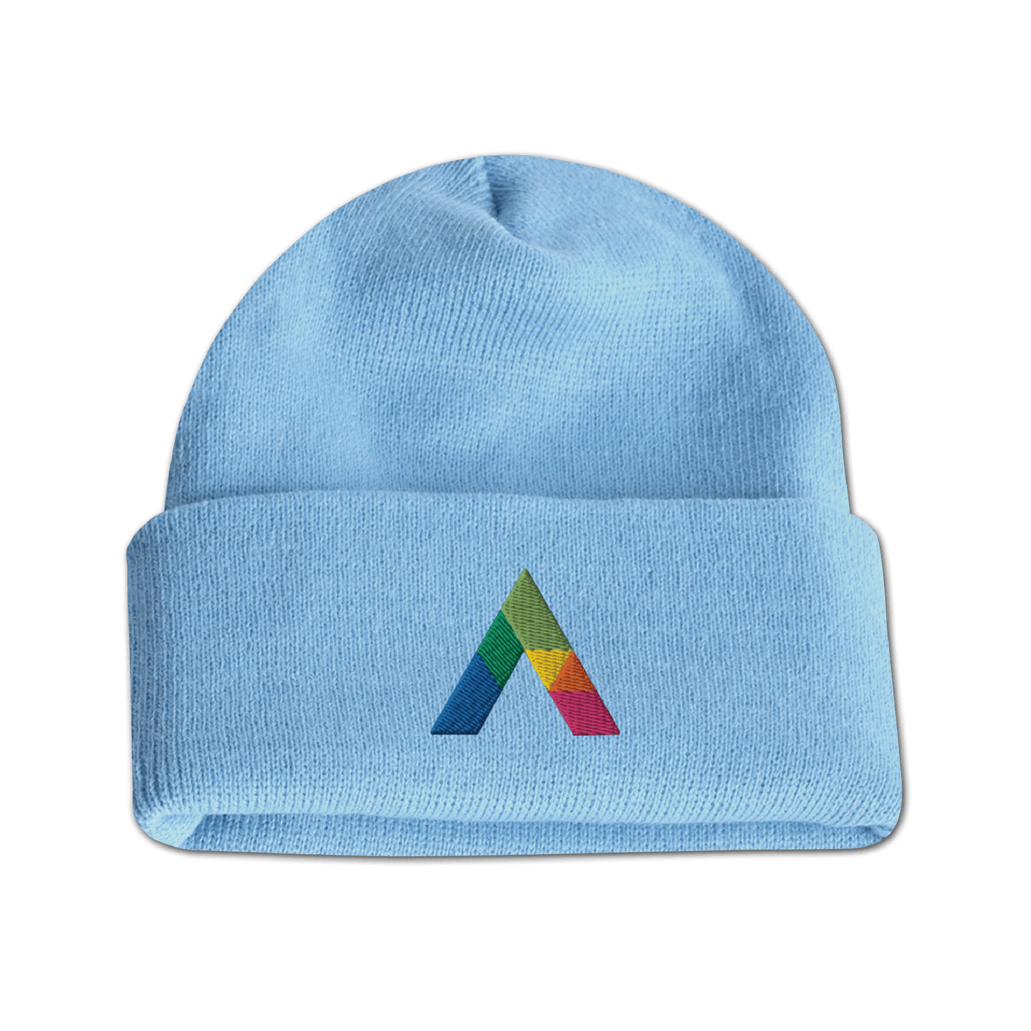 Light blue acrylic roll-up knit toque beanie featuring a multicolored embroidered geometric logo on the front cuff.