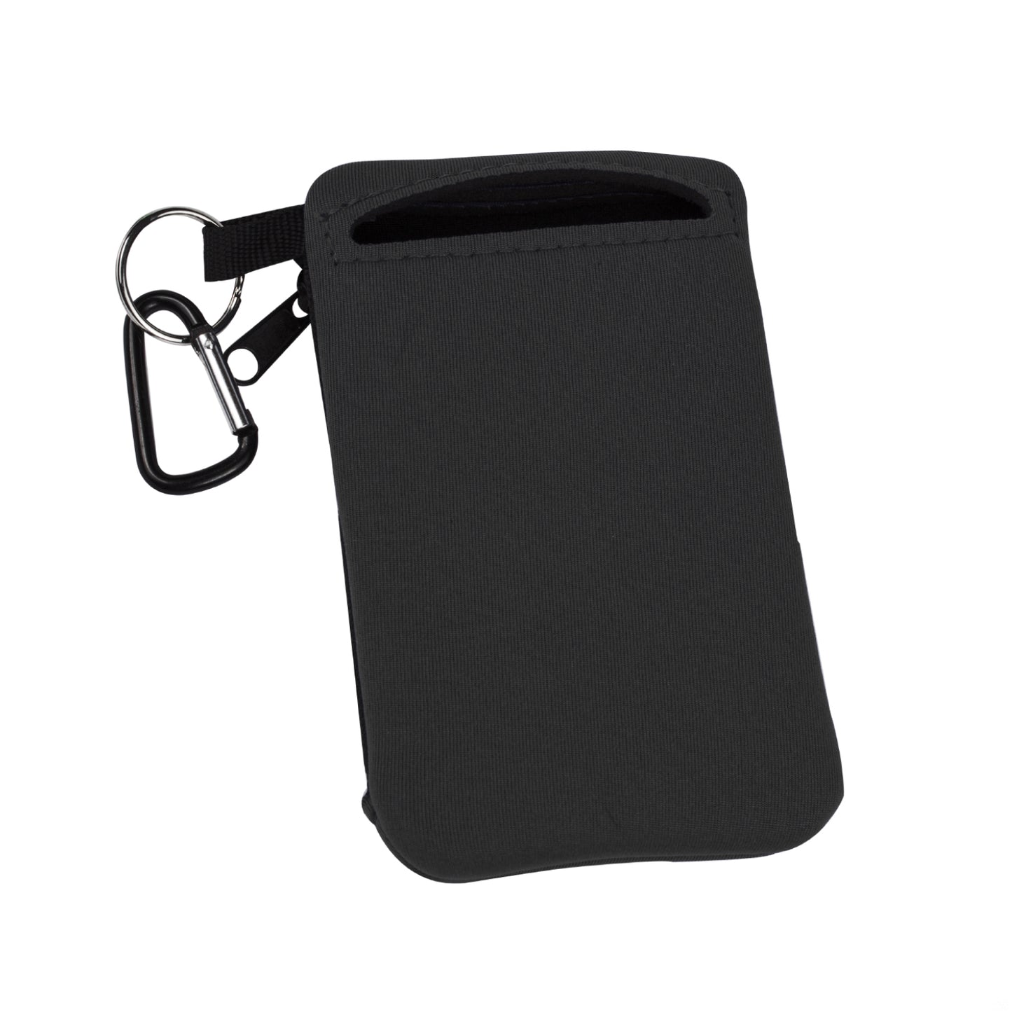 Black Active Sports Pouch with carabiner clip, keyring, and top slot opening
