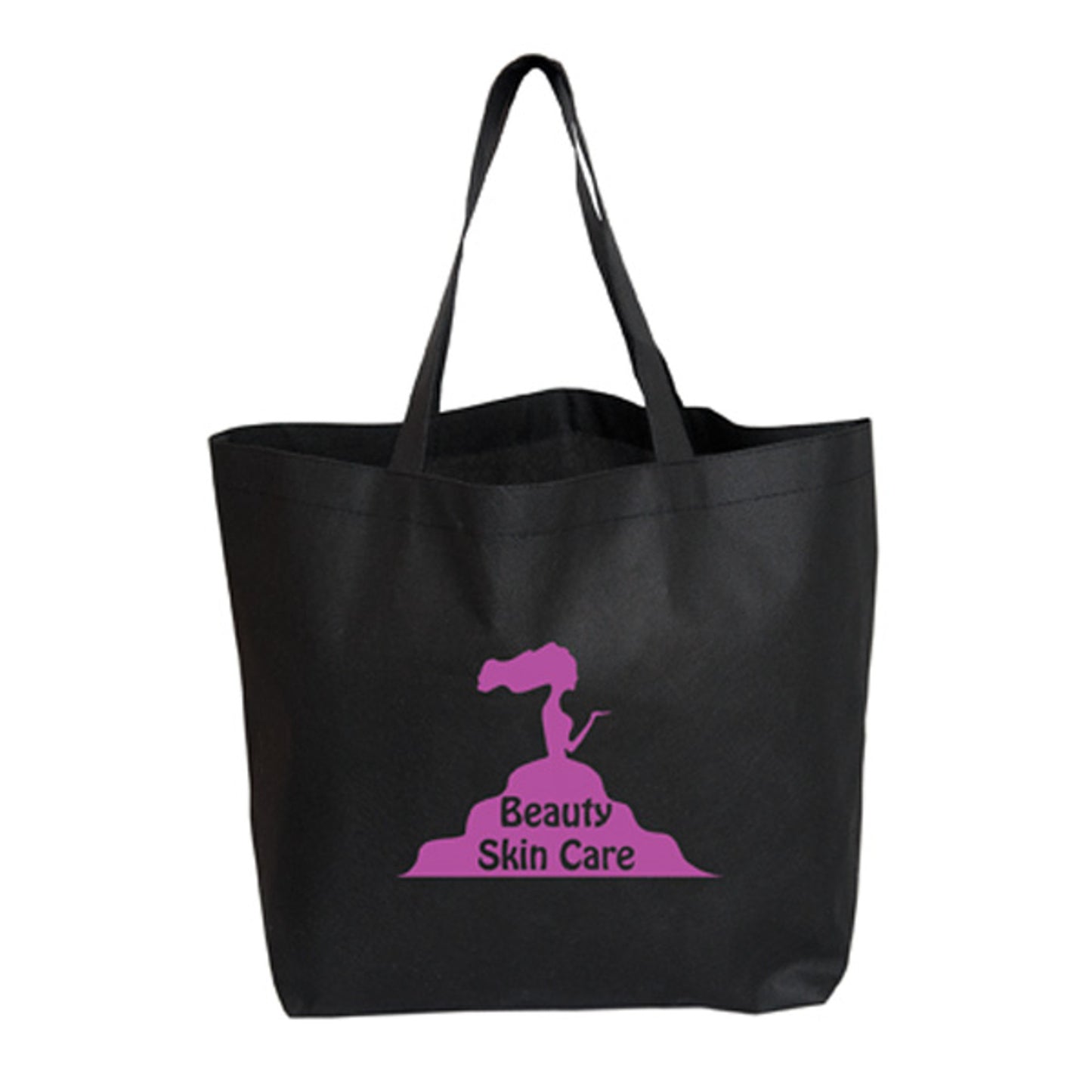 Black reusable tote bag with long handles and a pink Beauty Skin Care logo featuring a silhouette of a woman