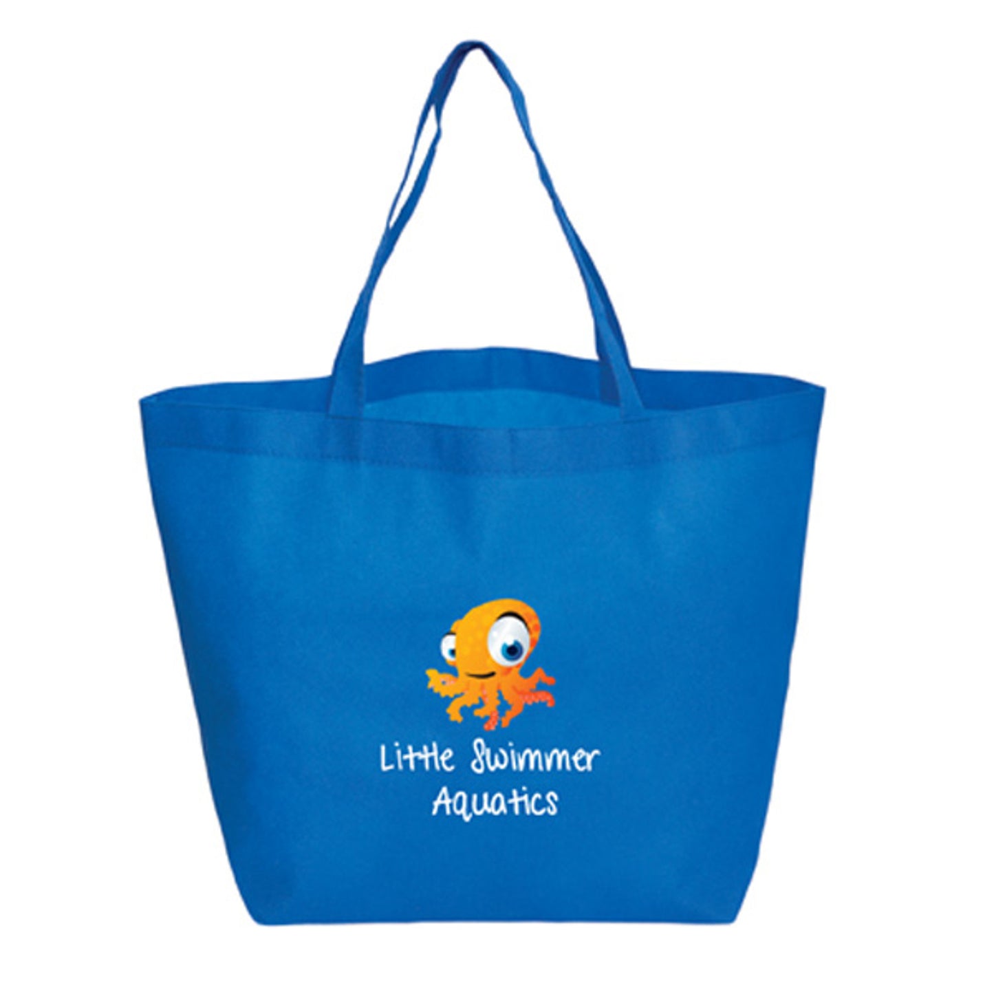 Bright blue reusable tote bag with long handles, featuring a cute orange cartoon octopus and the text 'Little Swimmer Aquatics'