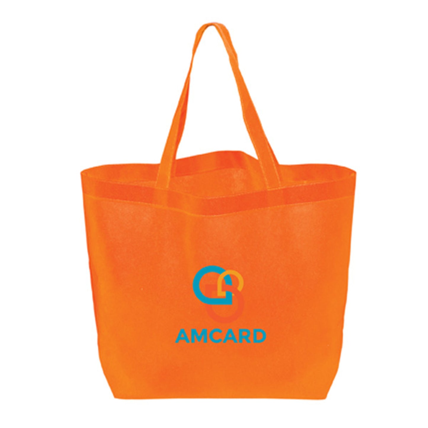 Bright orange reusable tote bag with two handles, featuring the AMCARD logo in blue and orange centered on the front