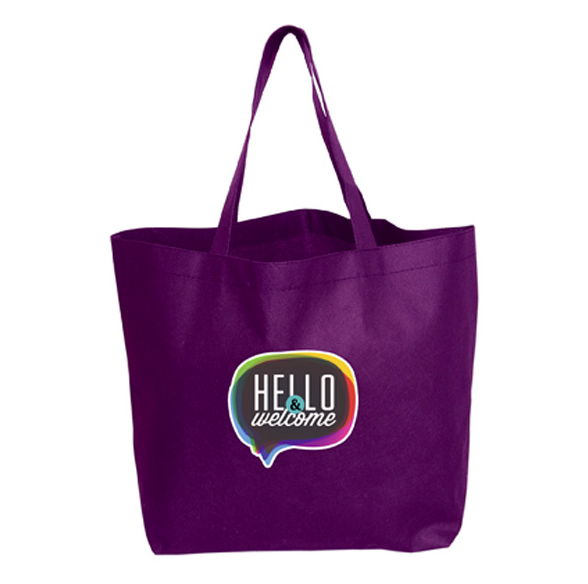 Purple reusable tote bag with two handles, featuring a colorful speech bubble graphic with the text 'HELLO & welcome' printed on the front