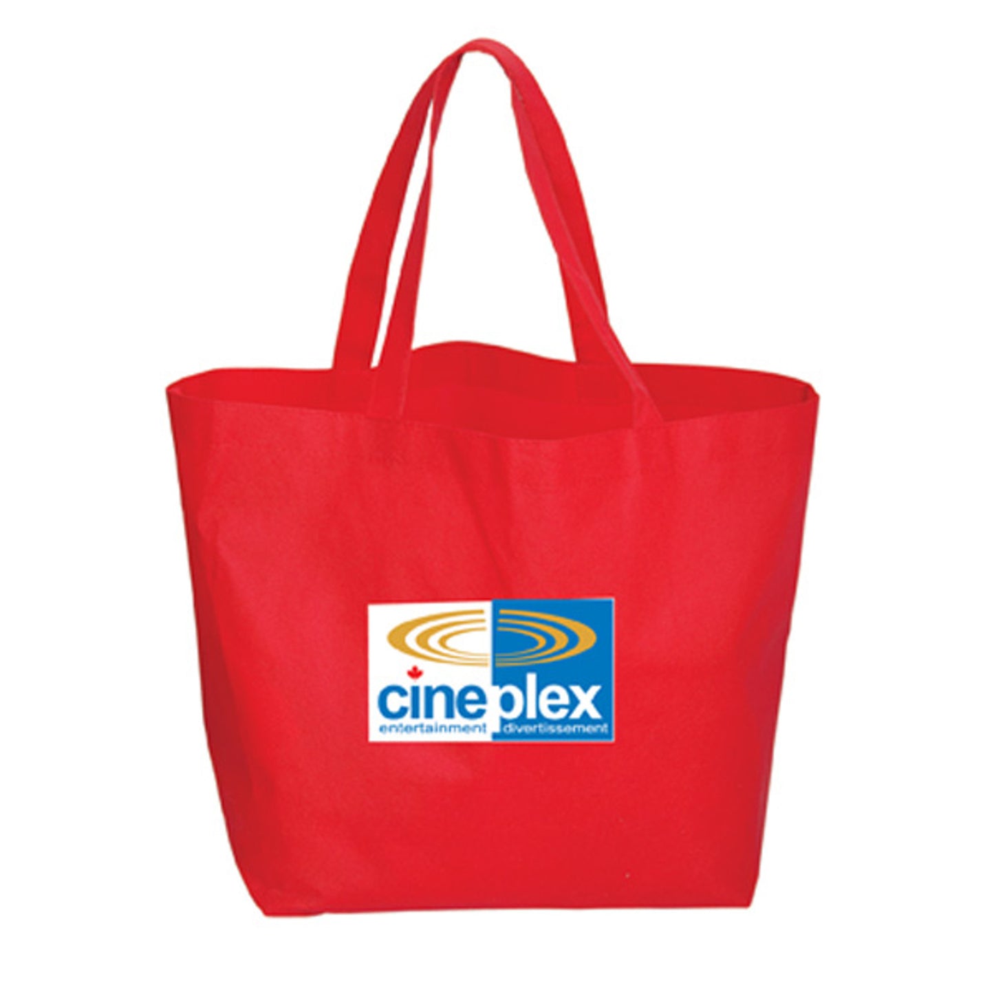 Bright red reusable tote bag with two handles, featuring the Cineplex logo in the center