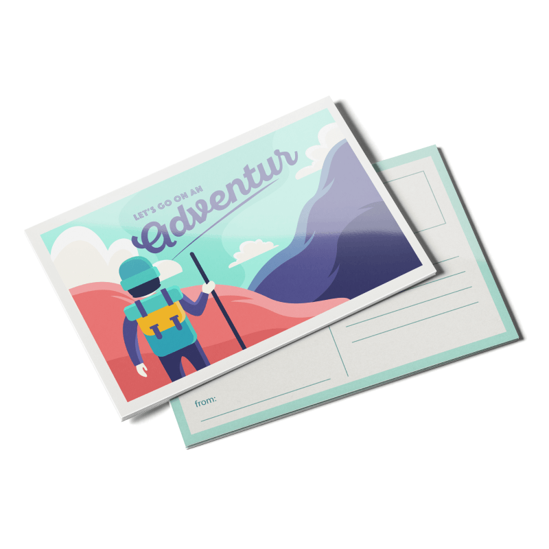 Vibrant 14pt premium postcard with AQ semi-gloss coating, featuring a colorful illustrated hiking scene and the text with a blank back for sender and recipient information.