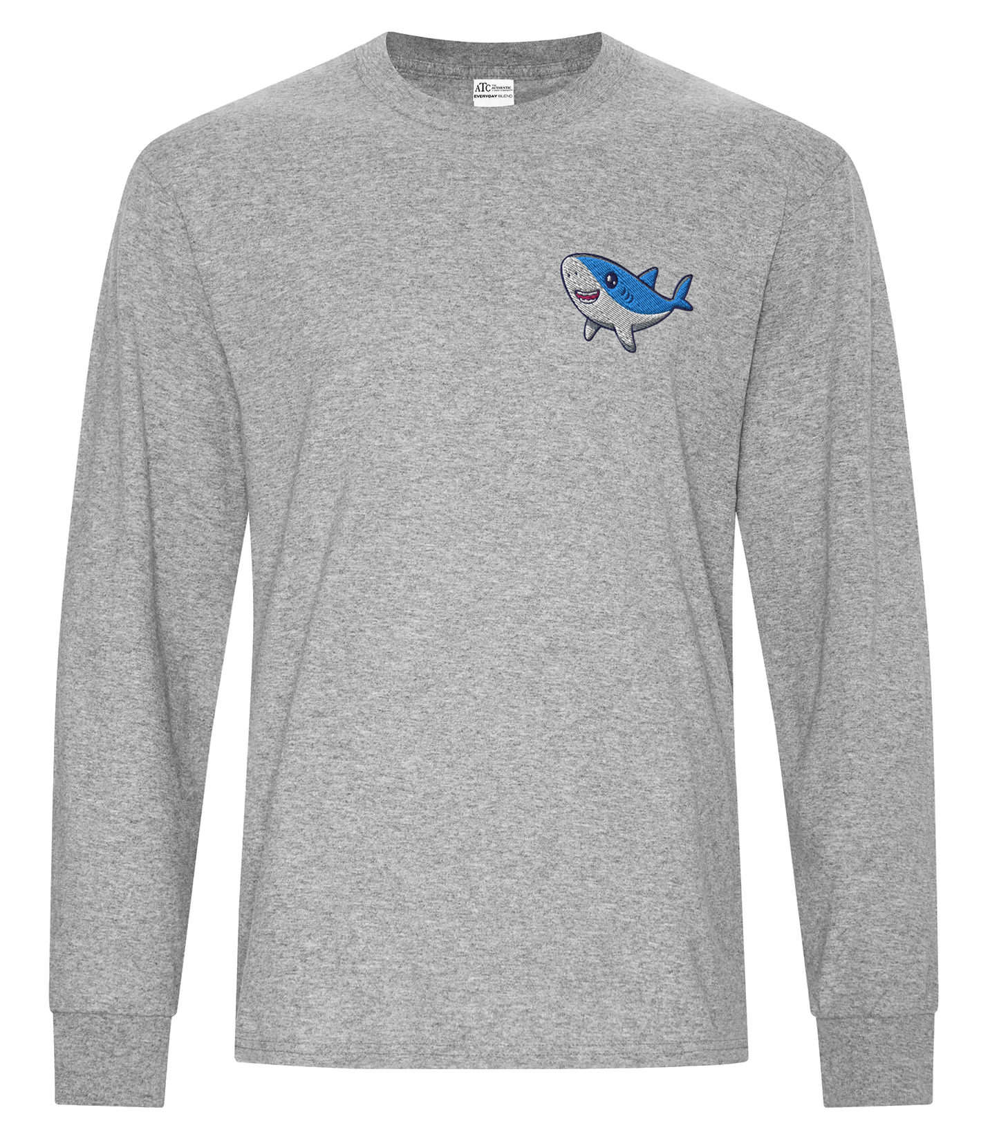 Athletic Heather long sleeve tee with small custom shark logo on chest.