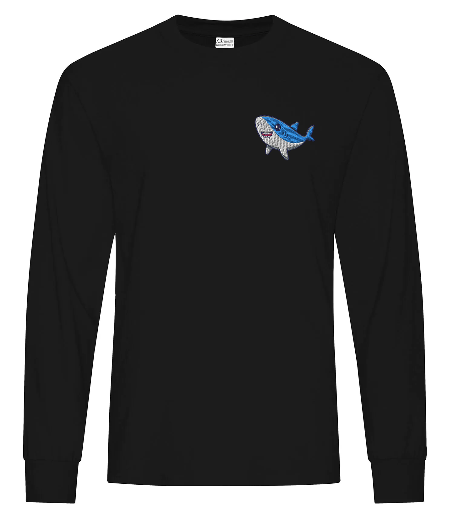 Black long sleeve tee with small custom shark logo on chest.