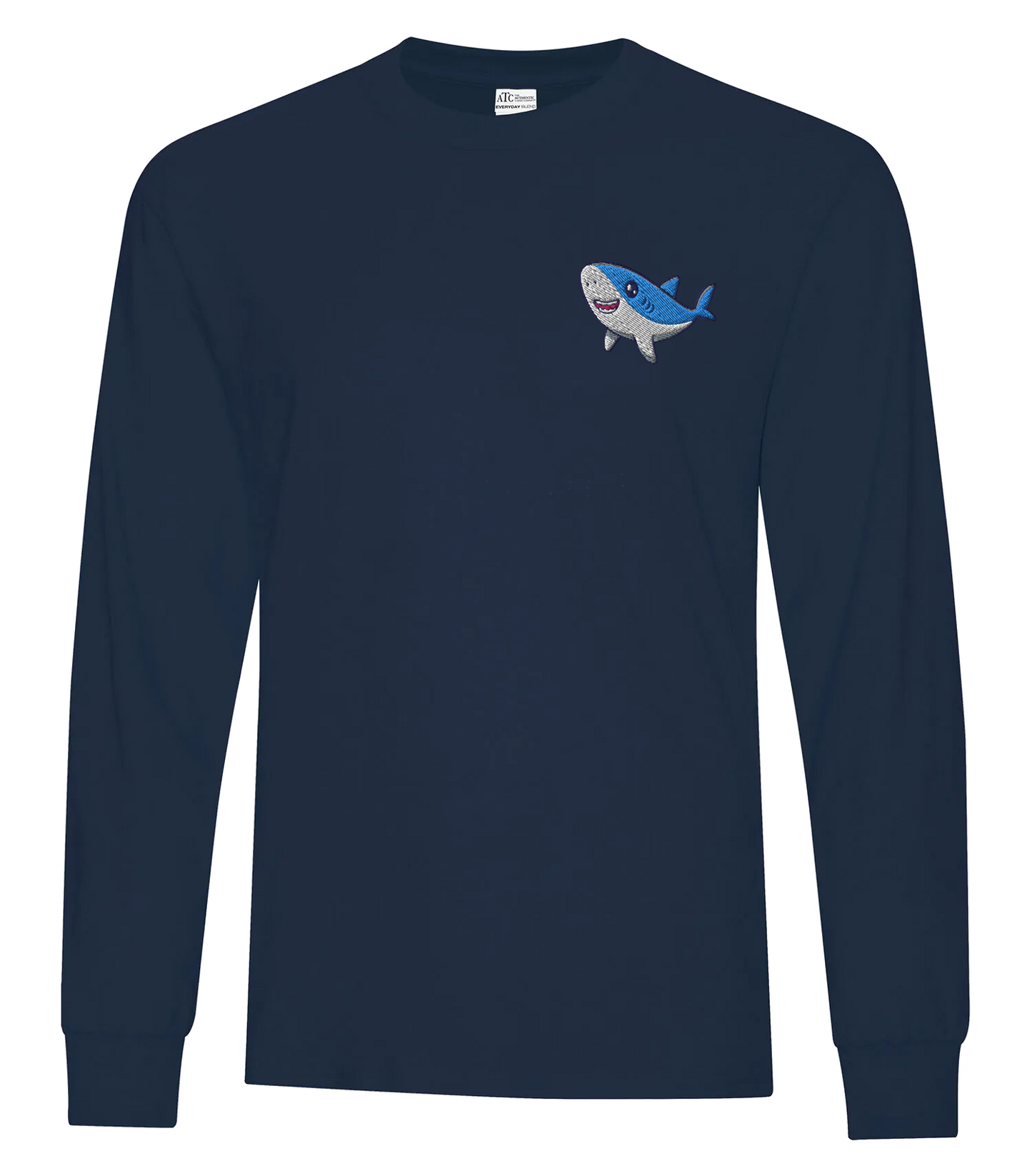 Navy long sleeve tee with small custom shark logo on chest, front view.
