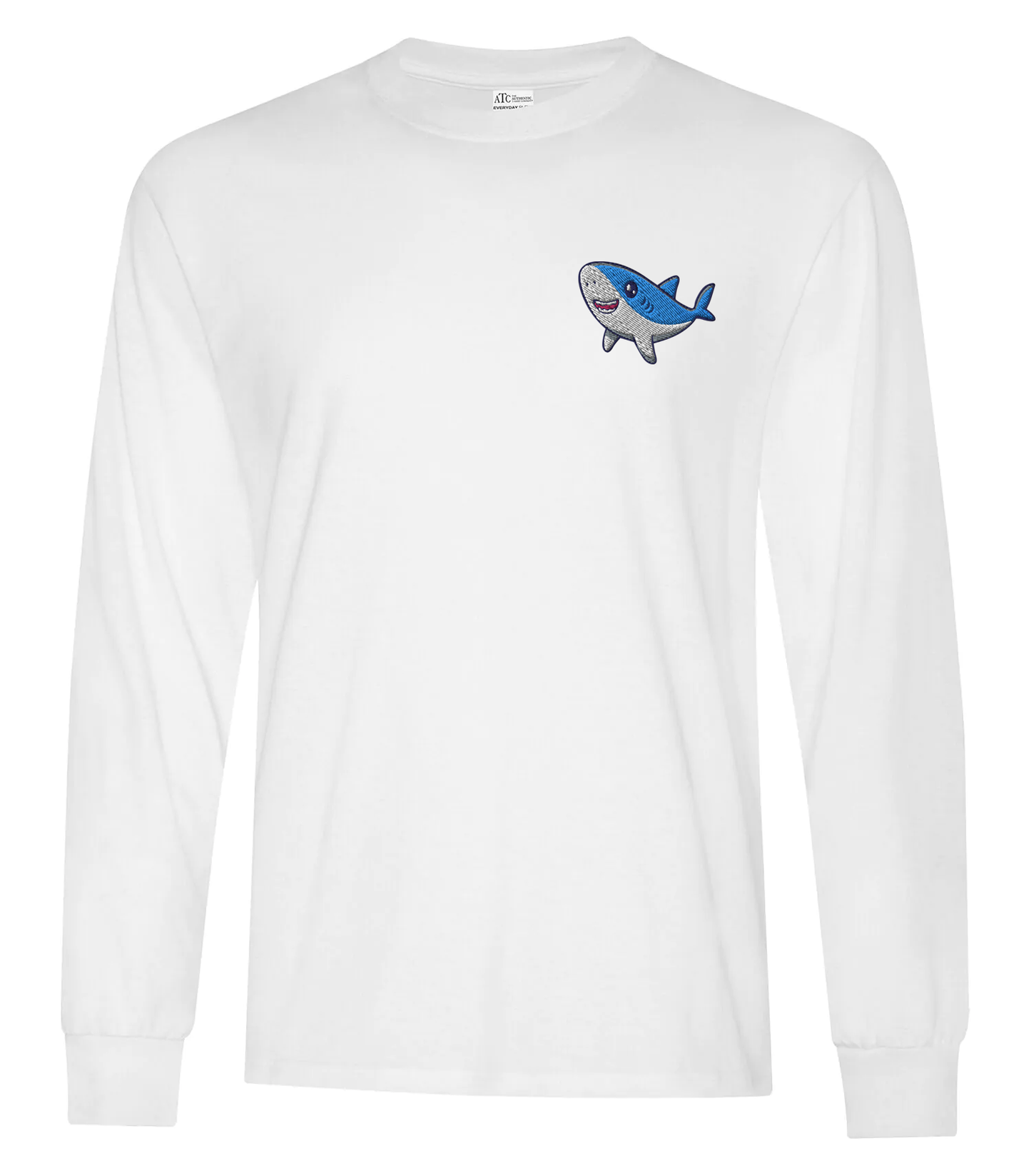 White long sleeve tee with small custom shark logo on chest.
